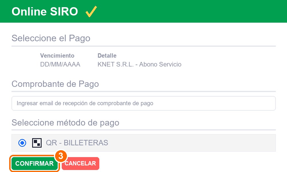 Elegí «QR - Billeteras» y tocá «CONFIRMAR».